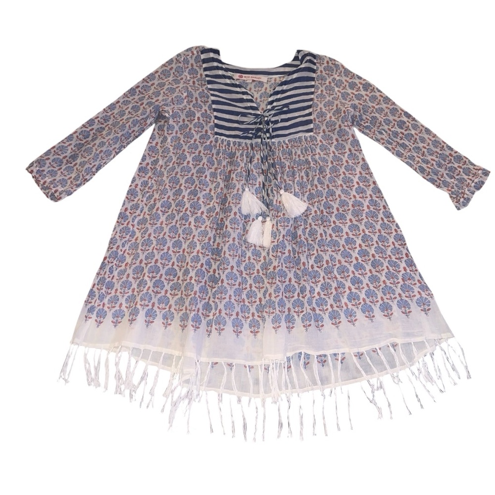 EUC Ro’s Garden Cotton Boho Blue White Floral Tassel Tunic Dress XS X-Small
